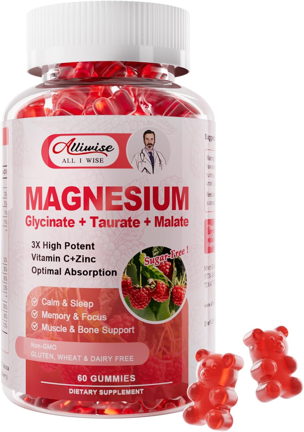 Raspberry Magnesium Gummies with Potassium, Vitamins D, C, B6 - Body Support Supplement for Adults, 30 Days Supply