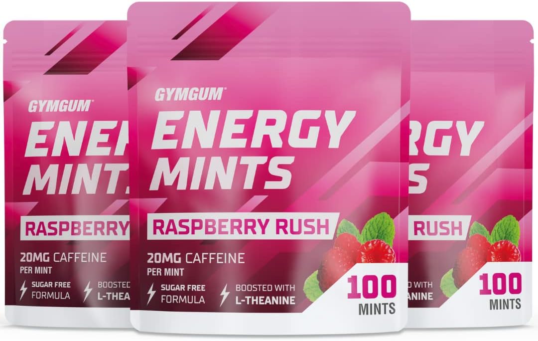 Raspberry Rush GymGum Energy Mints - 60mg Caffeine Per Serving - Sugar Free Energy Boost with L-Theanine and B Vitamins - 300 Count
