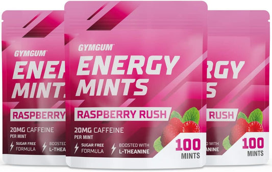 Raspberry Rush GymGum Energy Mints - 60mg Caffeine Per Serving - Sugar Free Energy Boost with L-Theanine and B Vitamins - 300 Count