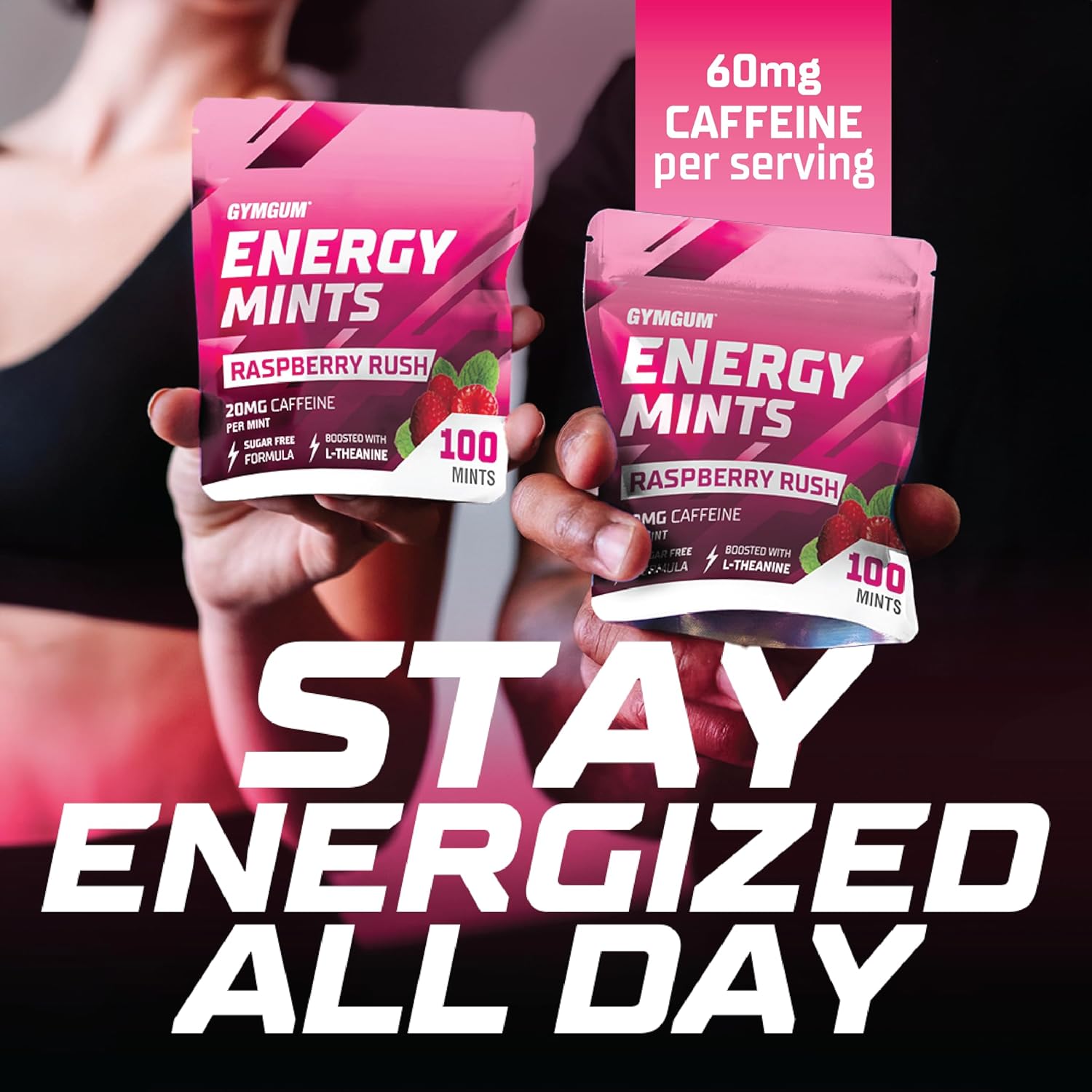 Raspberry Rush GymGum Energy Mints - 60mg Caffeine Per Serving - Sugar Free Energy Boost with L-Theanine and B Vitamins - 300 Count