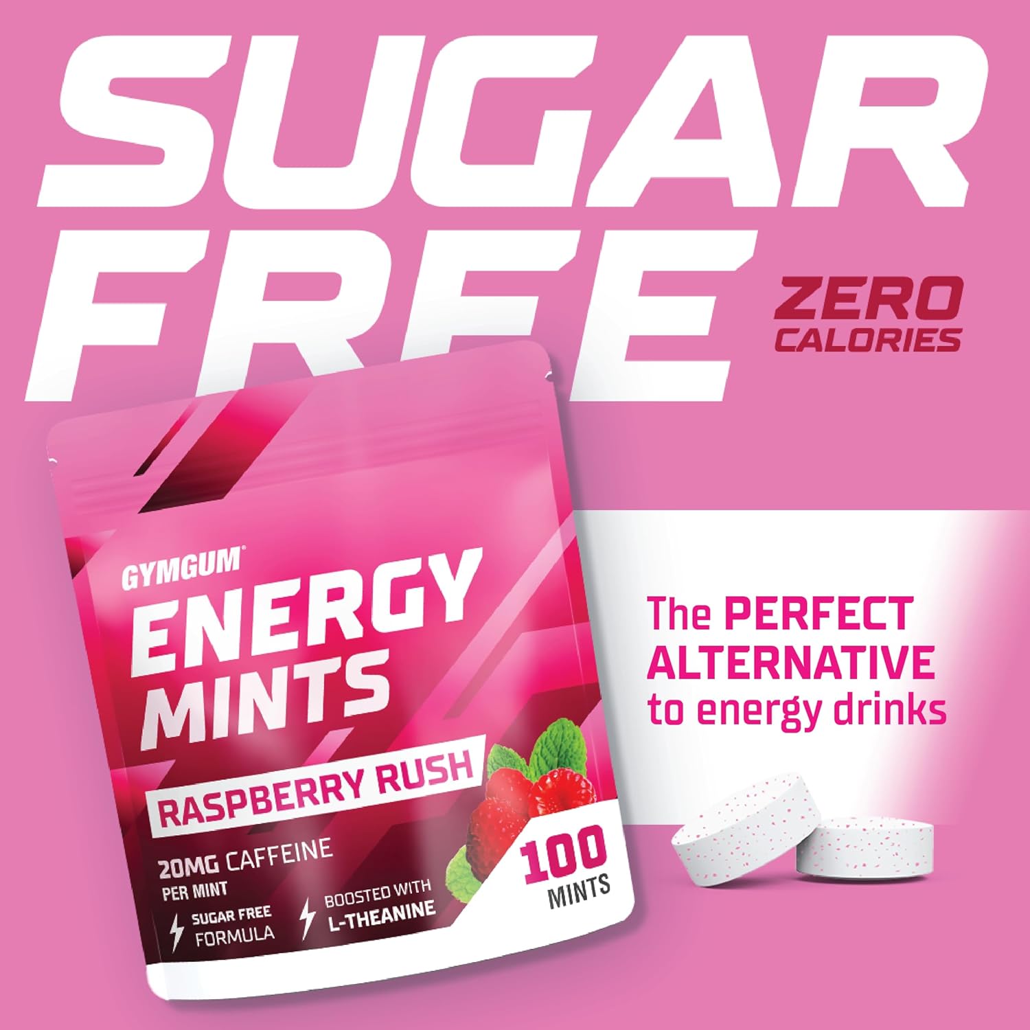 Raspberry Rush GymGum Energy Mints - 60mg Caffeine Per Serving - Sugar Free Energy Boost with L-Theanine and B Vitamins - 300 Count