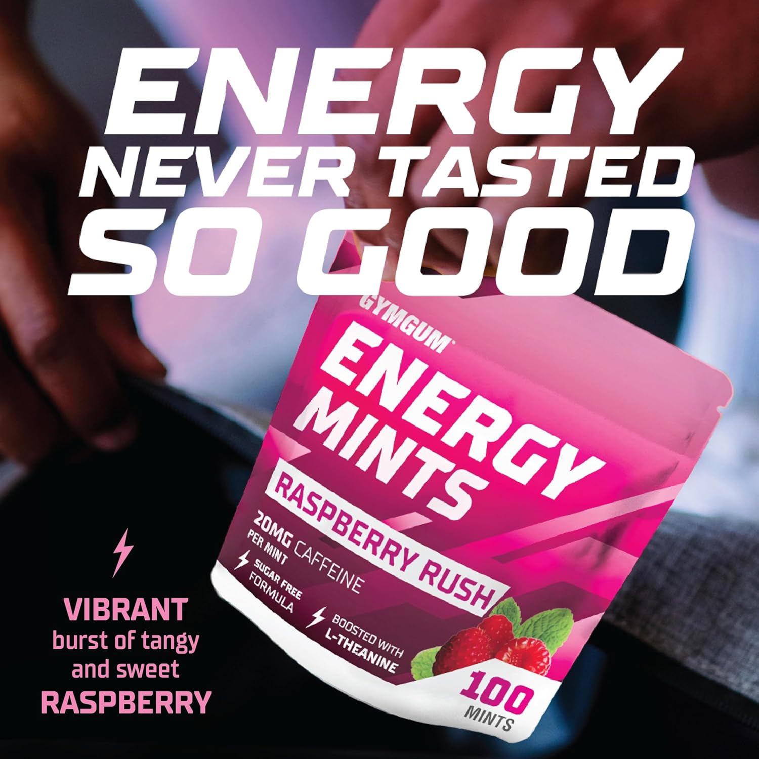 Raspberry Rush GymGum Energy Mints - 60mg Caffeine Per Serving - Sugar Free Energy Boost with L-Theanine and B Vitamins - 300 Count