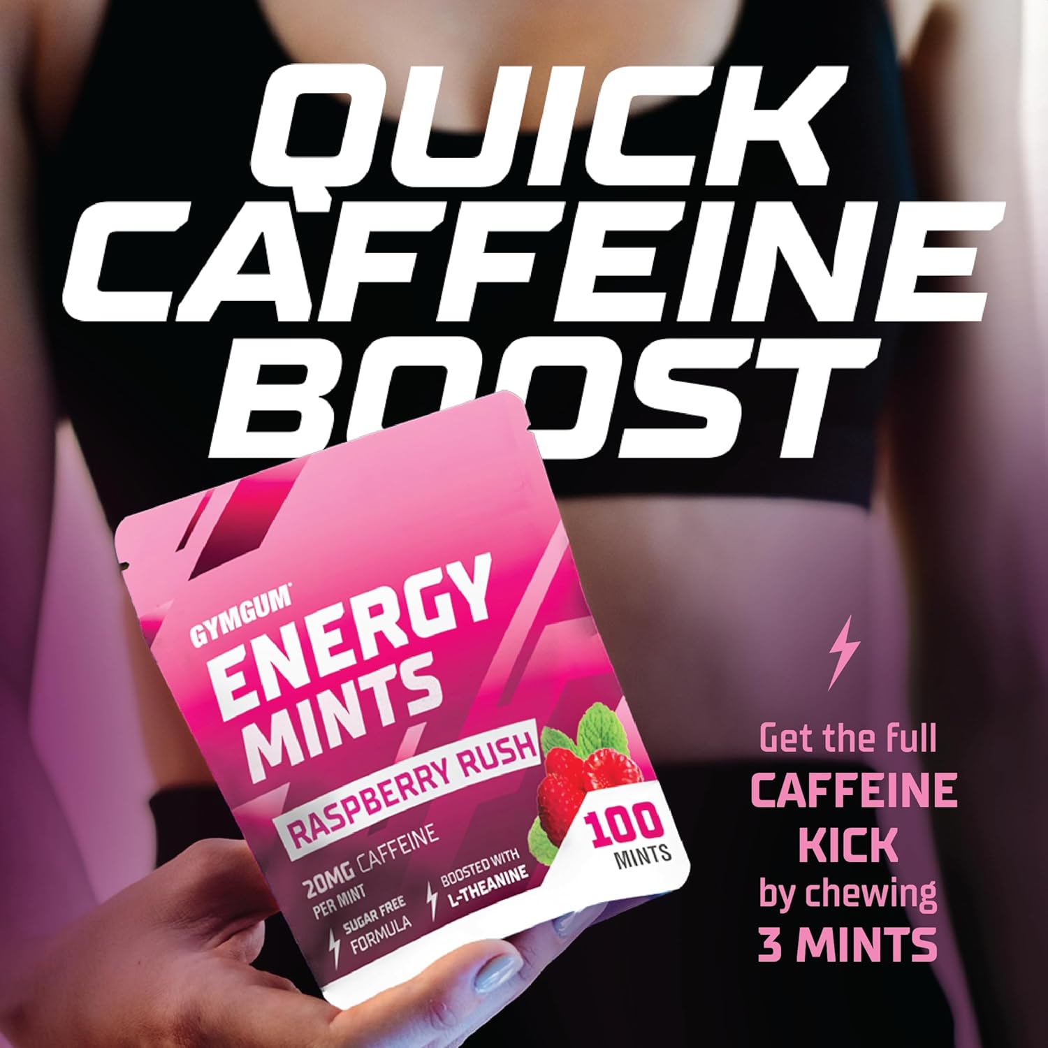 Raspberry Rush GymGum Energy Mints - 60mg Caffeine Per Serving - Sugar Free Energy Boost with L-Theanine and B Vitamins - 300 Count