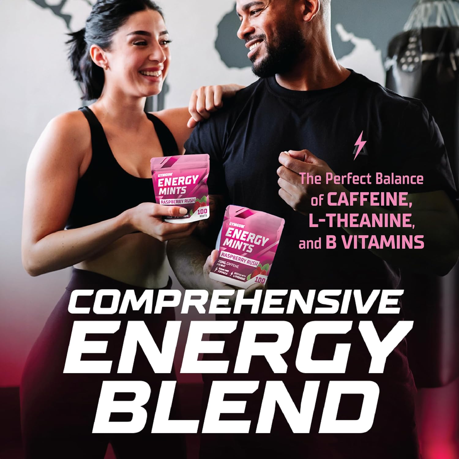 Raspberry Rush GymGum Energy Mints - 60mg Caffeine Per Serving - Sugar Free Energy Boost with L-Theanine and B Vitamins - 300 Count