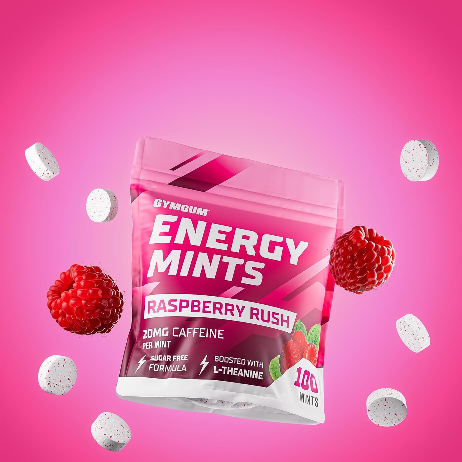 Raspberry Rush GymGum Energy Mints - 60mg Caffeine Per Serving - Sugar Free Energy Boost with L-Theanine and B Vitamins - 300 Count