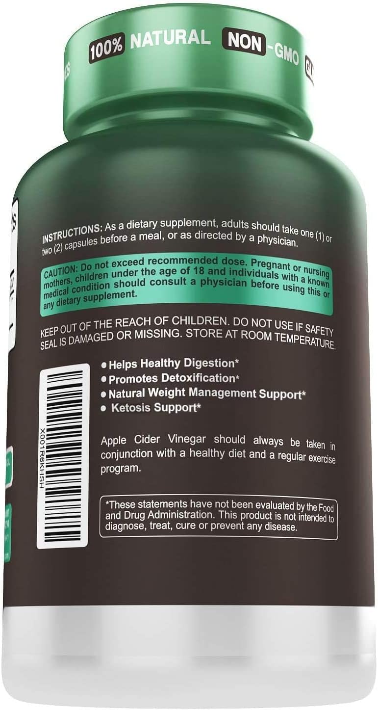 Raw Apple Cider Vinegar Capsules with Mother - Detox & Cleanse Formula for Weight Management & Digestive Health - Non-GMO - 240 Capsules