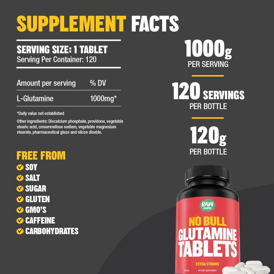 Raw Barrel L-Glutamine Tablets - 1000mg, Non GMO, Vegan & Gluten Free