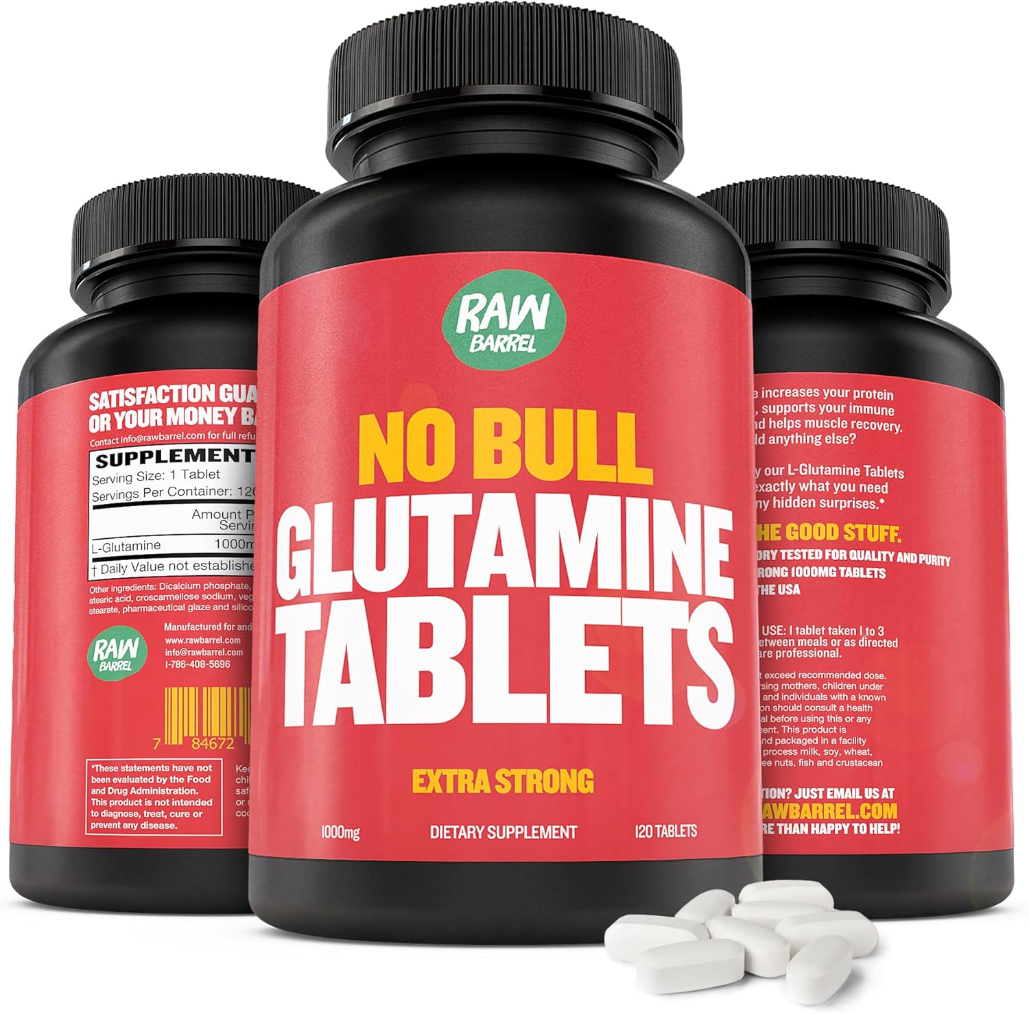 Raw Barrel L-Glutamine Tablets - 1000mg, Non GMO, Vegan & Gluten Free