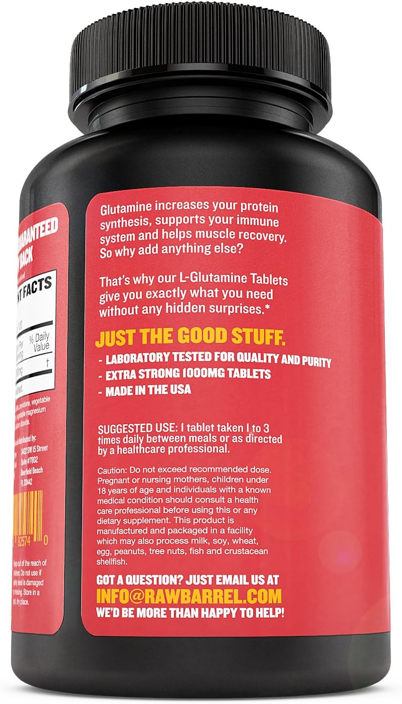 Raw Barrel L-Glutamine Tablets - 1000mg, Non GMO, Vegan & Gluten Free