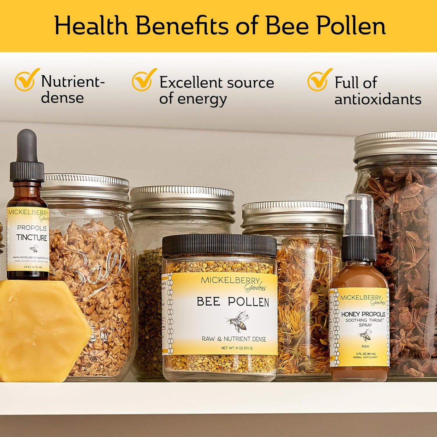 Raw Bee Pollen Granules - Superfood with Protein, Vitamins, Minerals & Antioxidants - 6 Oz - Mickelberry Gardens