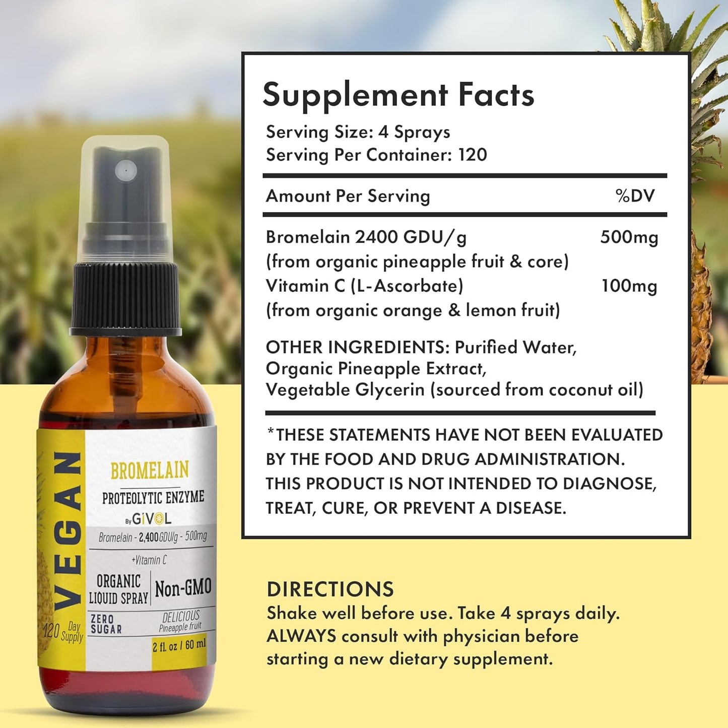 Raw Bromelain Mist-Liquid Pineapple Extract with Vitamin C - 500mg Potency Spray for Daily Protein Support and Wellness