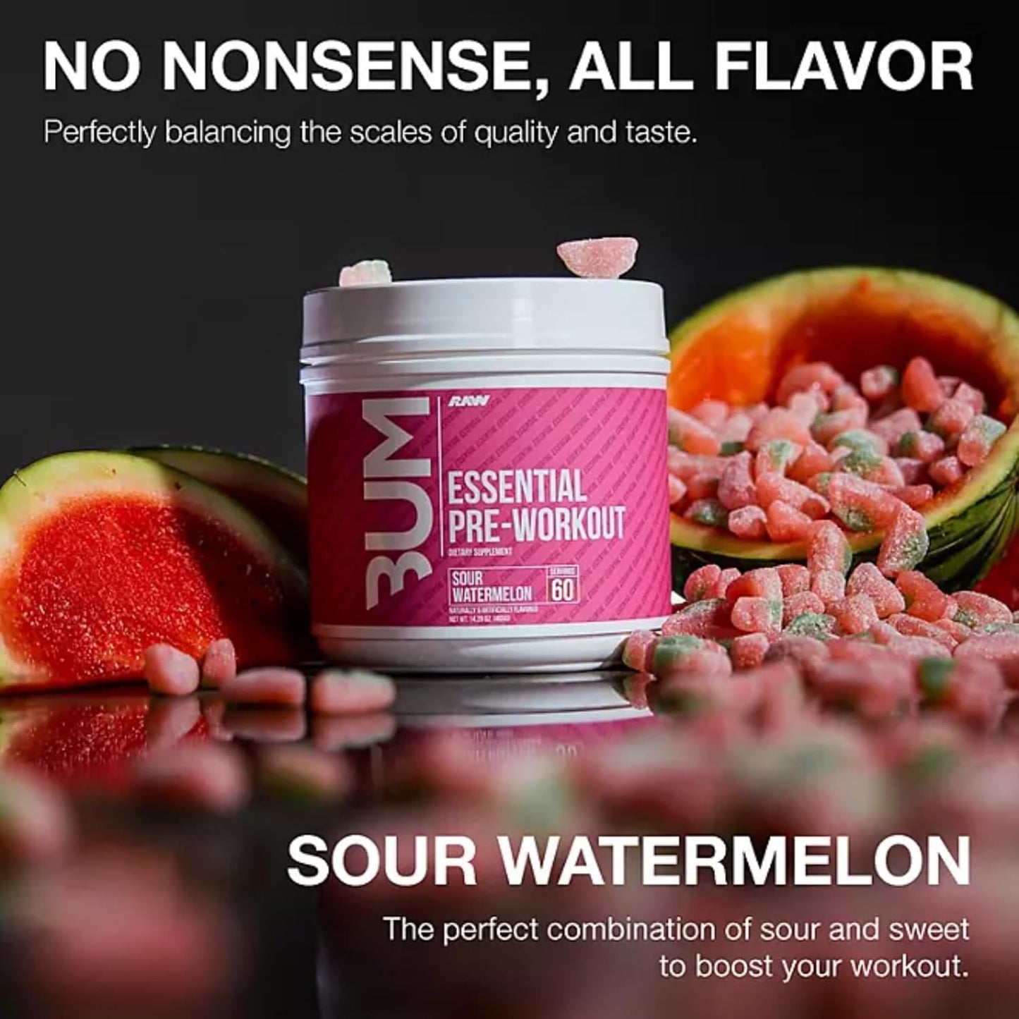 RAW Essential Pre-Workout Powder - CBUM Formula for Men & Women - Energy, Muscle Pump, Focus, Stamina, Strength, Endurance & Performance - Sour Watermelon Flavor - 1.79 lbs