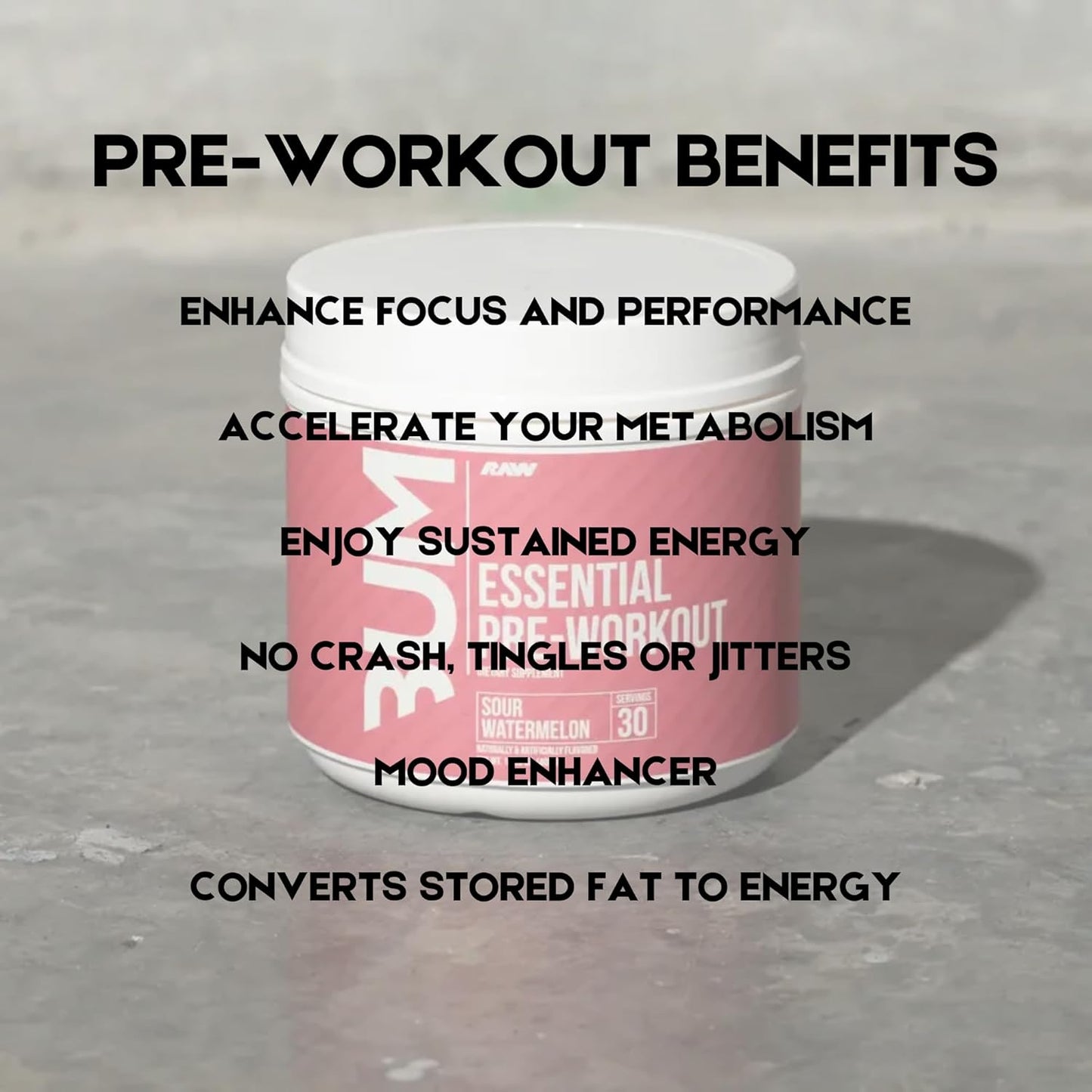 RAW Essential Pre-Workout Powder - CBUM Formula for Men & Women - Energy, Muscle Pump, Focus, Stamina, Strength, Endurance & Performance - Sour Watermelon Flavor - 1.79 lbs