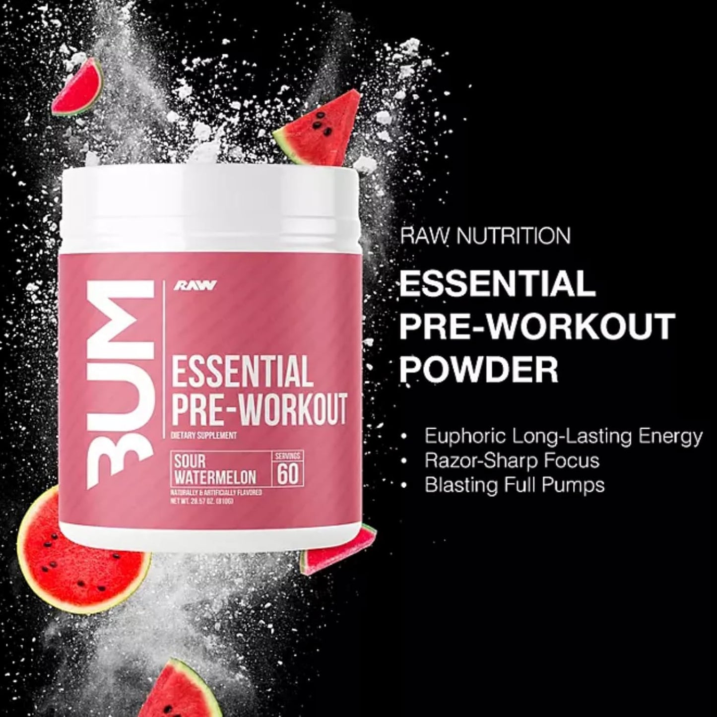 RAW Essential Pre-Workout Powder - CBUM Formula for Men & Women - Energy, Muscle Pump, Focus, Stamina, Strength, Endurance & Performance - Sour Watermelon Flavor - 1.79 lbs