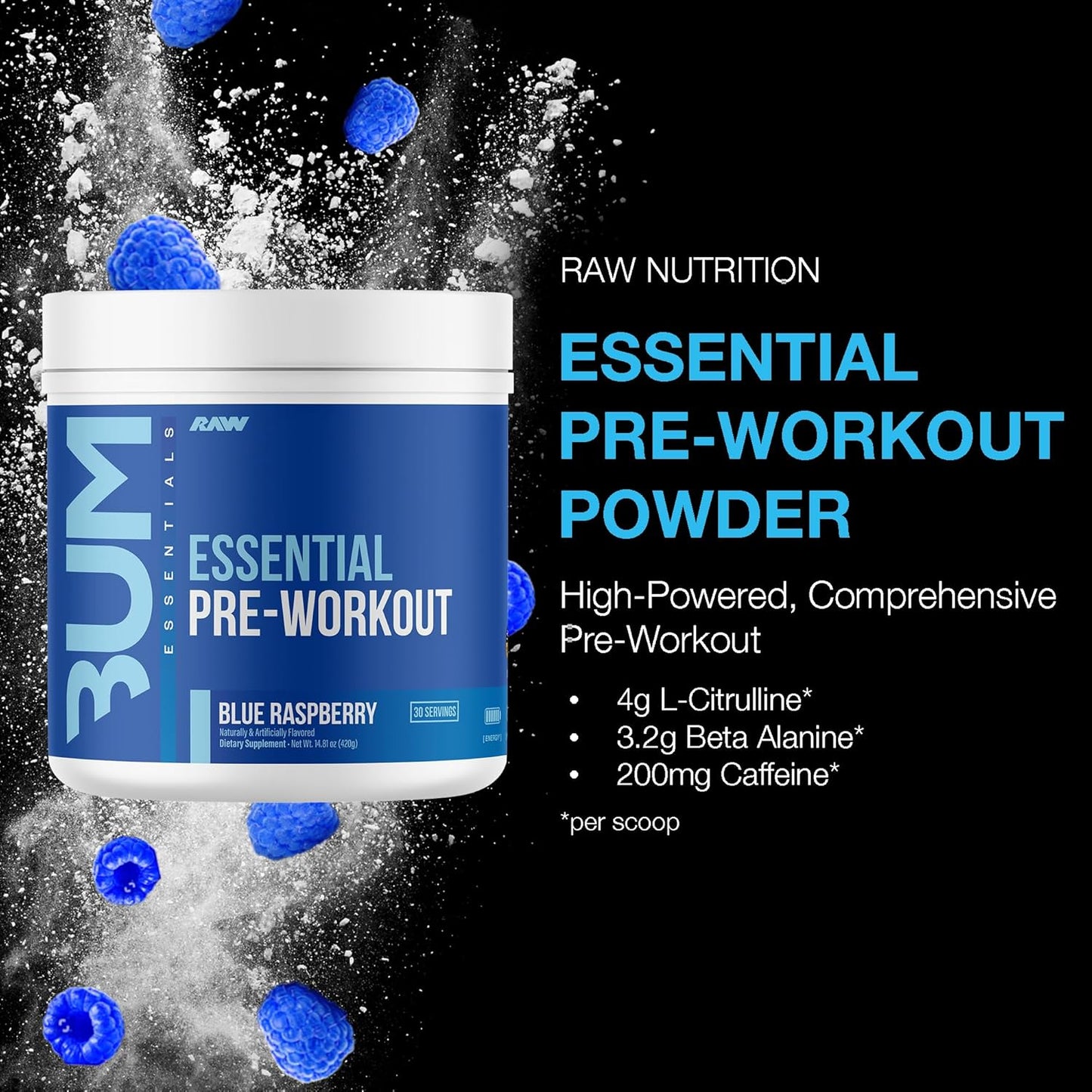 RAW Nutrition Chris Bumstead Pre Workout Formula - Sports Nutrition Pre-Workout Powder for Men & Women, Energy Drink Mix for Working Out - Blue Raspberry Flavor