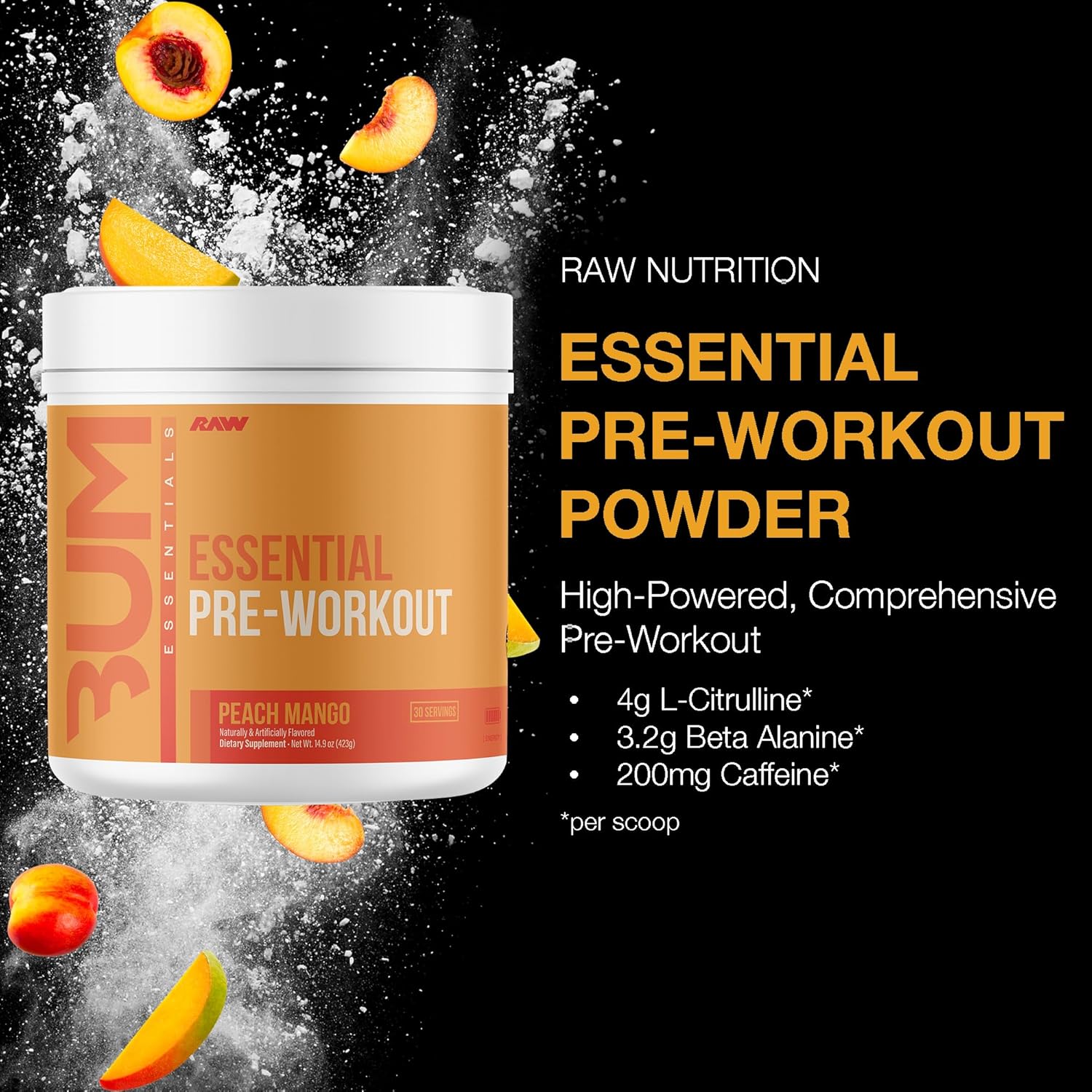 RAW Nutrition Pre-Workout Powder for Men and Women - Chris Bumstead Formula for Energy Boost during Workout - Peach Mango Flavor