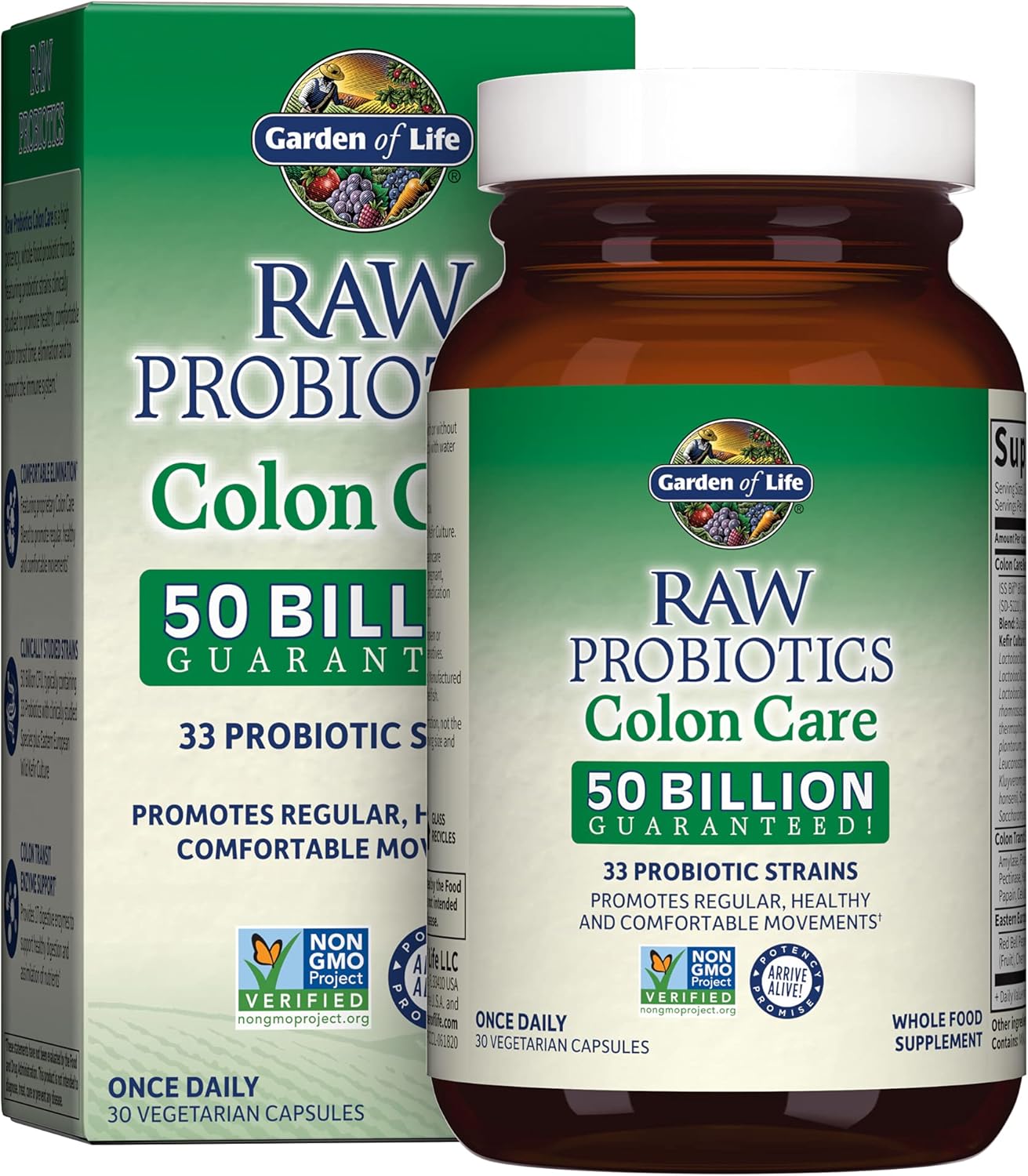 Raw Probiotics Colon Care with 50 Billion CFU for Women and Men - 30 Capsules for Regularity and Immune Health