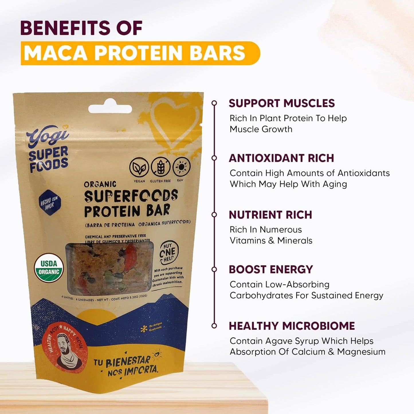 Raw Vegan Maca Protein Bars with Cacao and Plant Protein - Gluten Free Superfood Snack Bars for Healthy Energy - 4 Bars