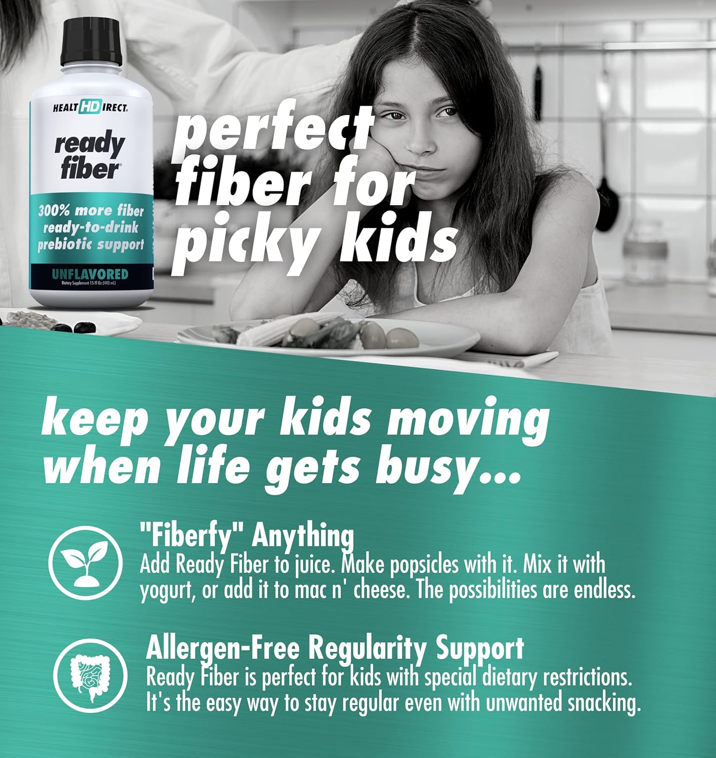Ready Fiber Liquid Supplement for Women, Men, Kids - 15oz Unflavored Prebiotic Fiber - Easy Alternative to Gummies, Powders, Pills