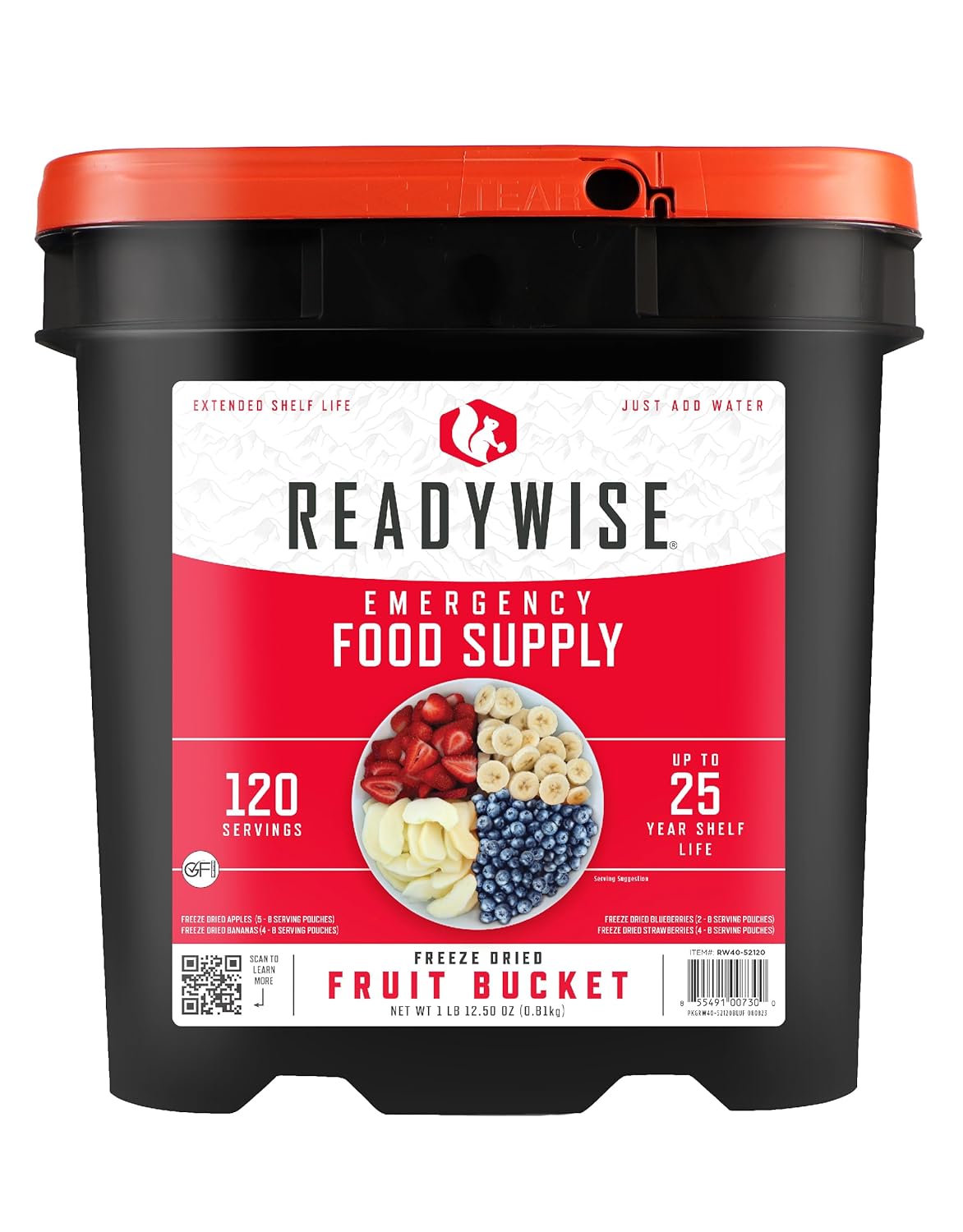 ReadyWise Fruit Bucket Emergency Food Supply - 120 Servings, MRE, Premade, Freeze Dried Survival Food for Hiking, Adventure & Camping - Individually Packaged with 20 Year Shelf Life