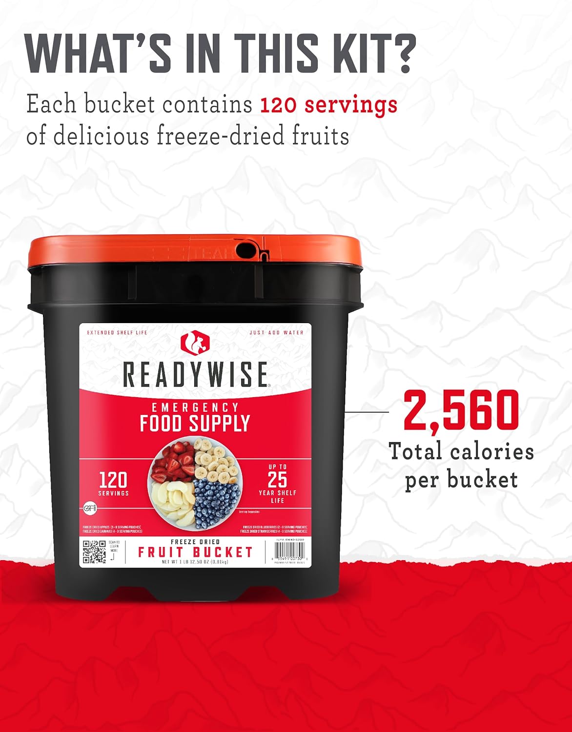 ReadyWise Fruit Bucket Emergency Food Supply - 120 Servings, MRE, Premade, Freeze Dried Survival Food for Hiking, Adventure & Camping - Individually Packaged with 20 Year Shelf Life
