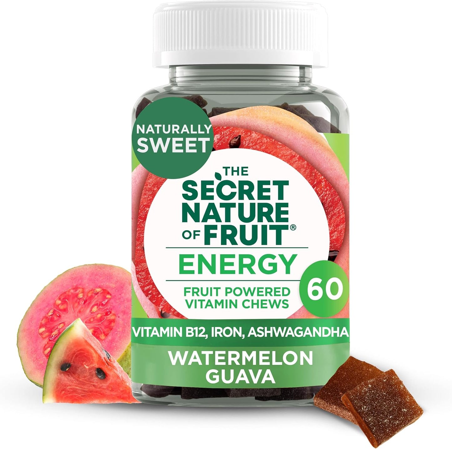 Real Fruit Energy Chews with Vitamin B12, Iron, Ashwagandha, Watermelon & Guava (60 Count) - Long Lasting Energy Boost