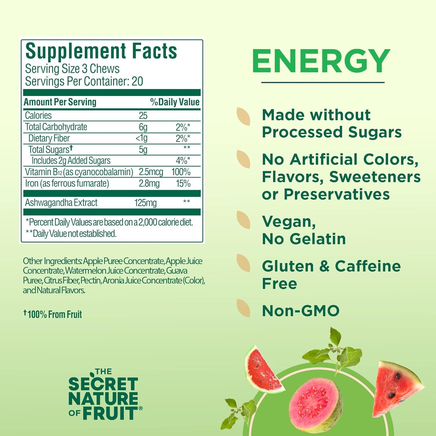 Real Fruit Energy Chews with Vitamin B12, Iron, Ashwagandha, Watermelon & Guava (60 Count) - Long Lasting Energy Boost