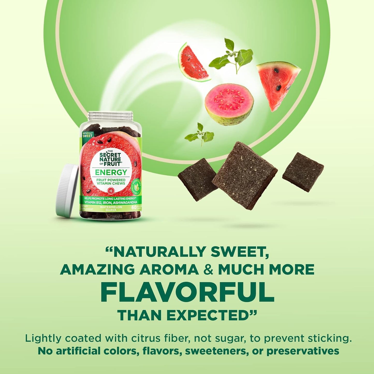 Real Fruit Energy Chews with Vitamin B12, Iron, Ashwagandha, Watermelon & Guava (60 Count) - Long Lasting Energy Boost