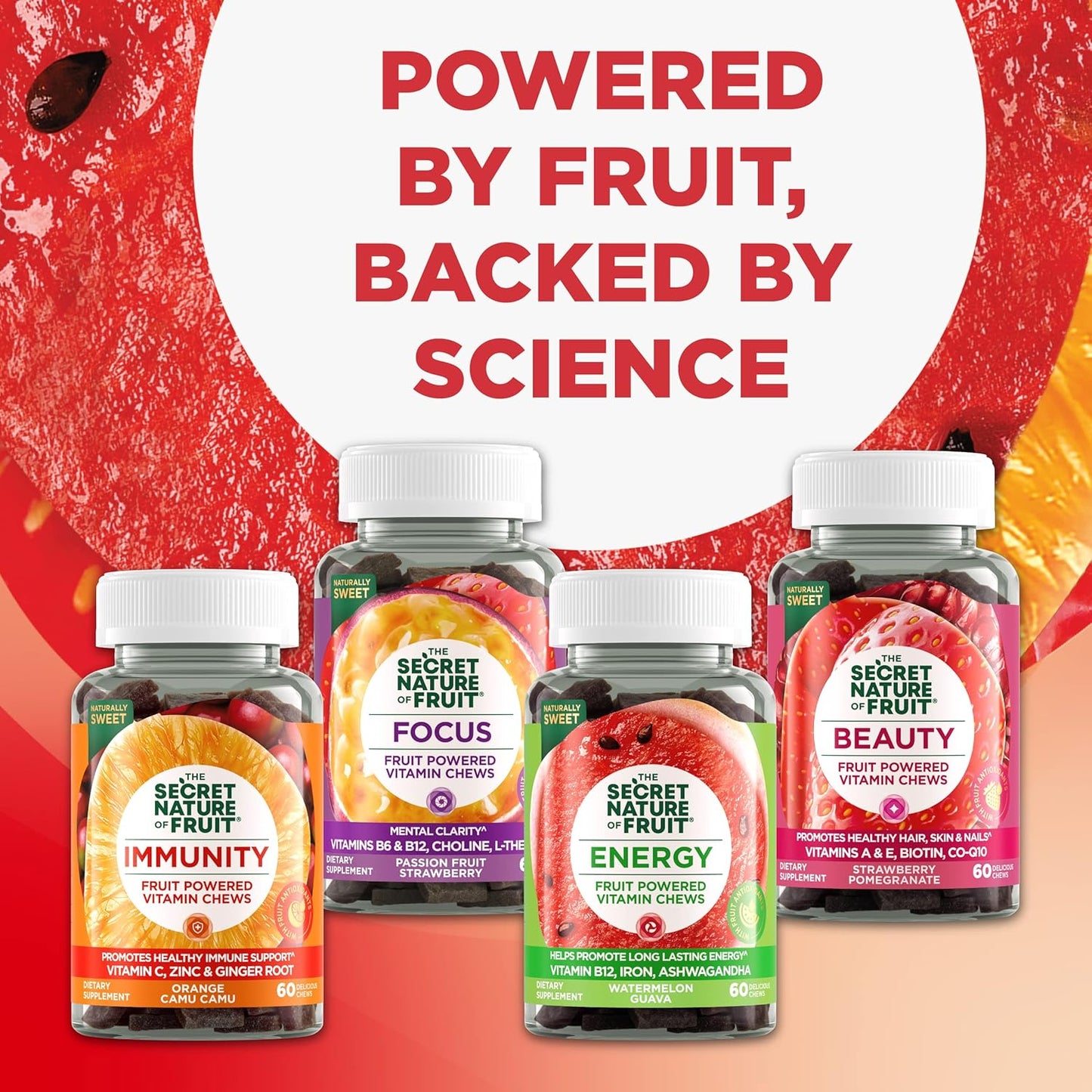 Real Fruit Energy Chews with Vitamin B12, Iron, Ashwagandha, Watermelon & Guava (60 Count) - Long Lasting Energy Boost