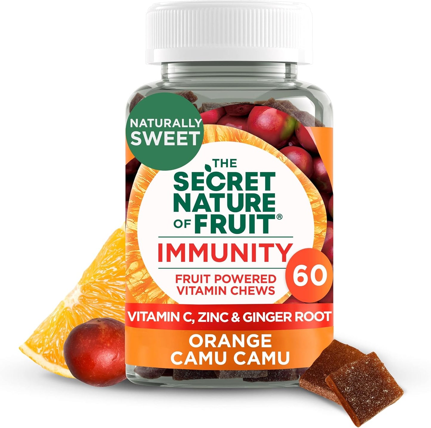 Real Fruit Powered Vitamin Chews for Immune Support - Vitamin C, Zinc, Ginger Root, Orange & Camu Camu - 60 Count