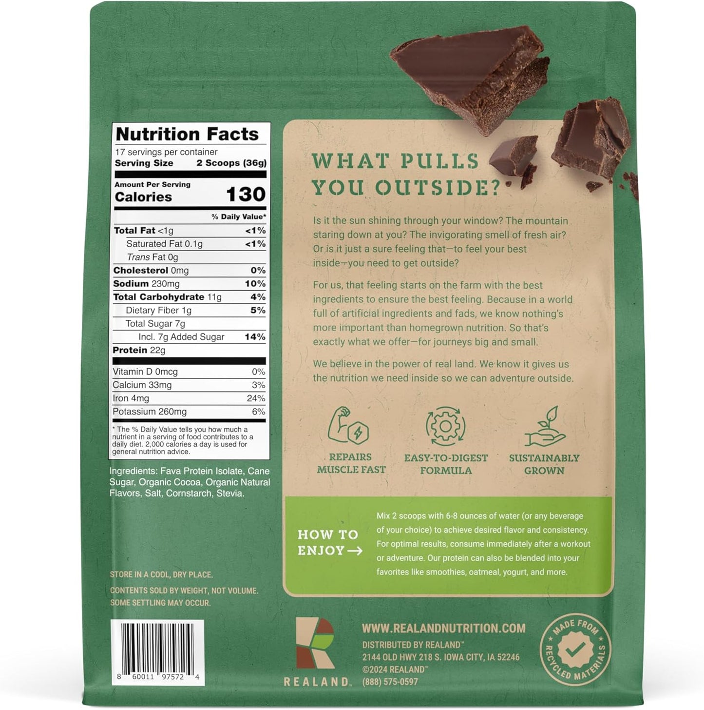 Realand Fava Bean Protein Powder - Chocolate Vegan Plant Protein Isolate for Recovery - 22g of Protein - 17 Servings