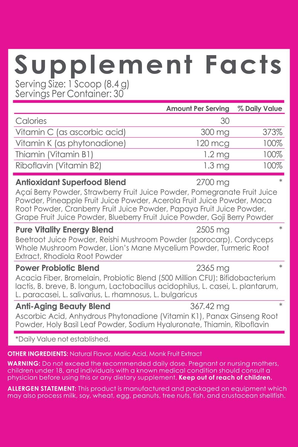 Red Acai Berry Beauty Juice Powder - Anti-Aging, Immunity Boost, Digestive Aid - Pre & Probiotics - 30 Servings