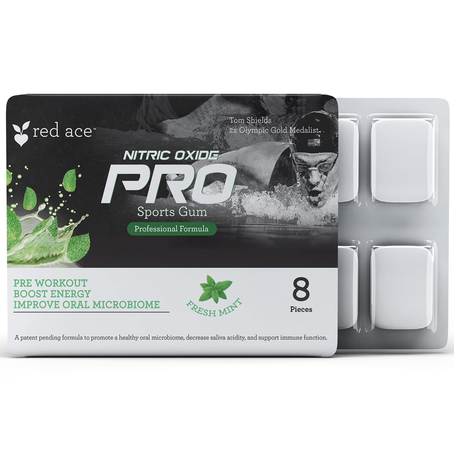 Red Ace Nitric Oxide PRO Sports Chewing Gum - Fresh Mint Flavor, 8 Pieces, with Vitamin C and Zinc Citrate