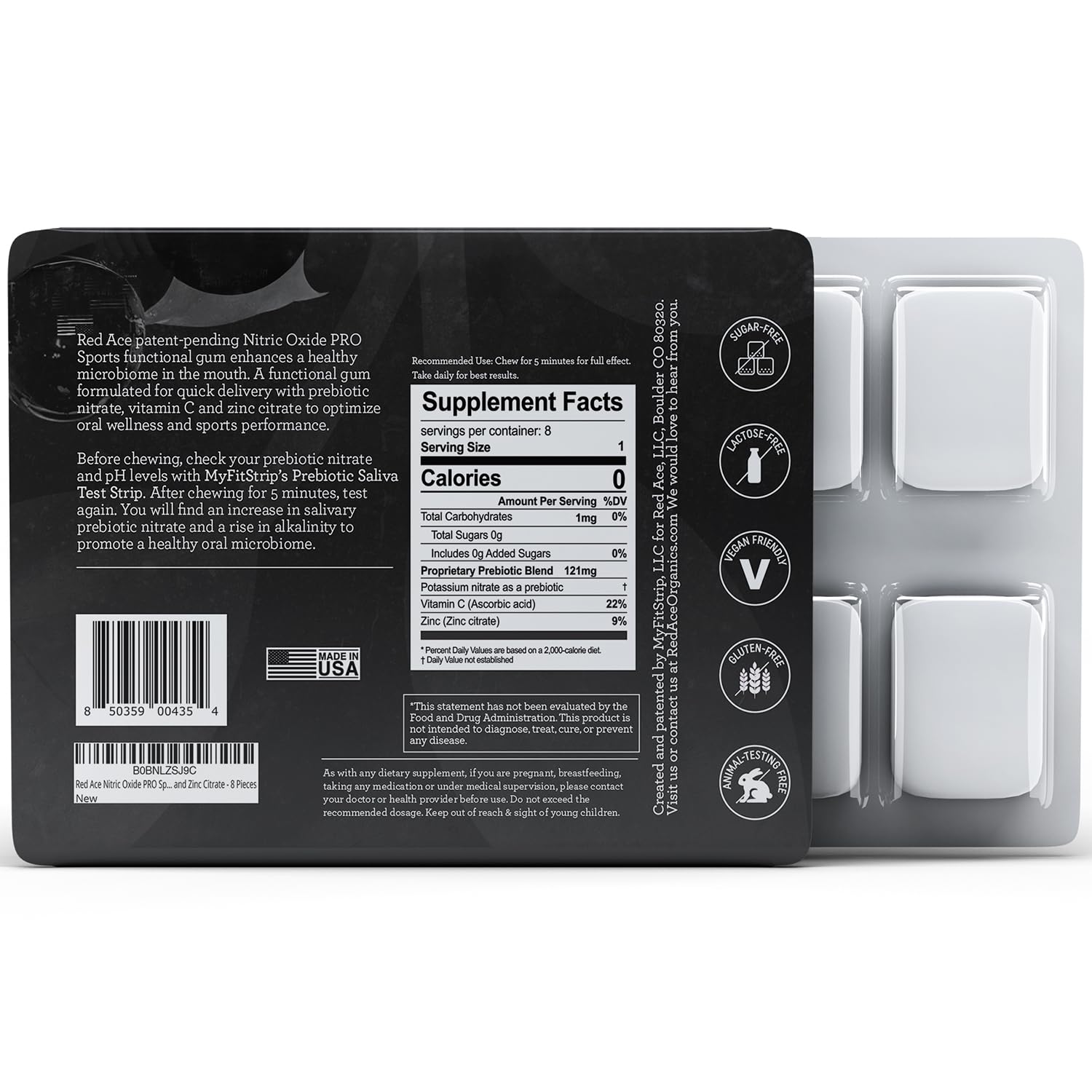 Red Ace Nitric Oxide PRO Sports Chewing Gum - Fresh Mint Flavor, 8 Pieces, with Vitamin C and Zinc Citrate