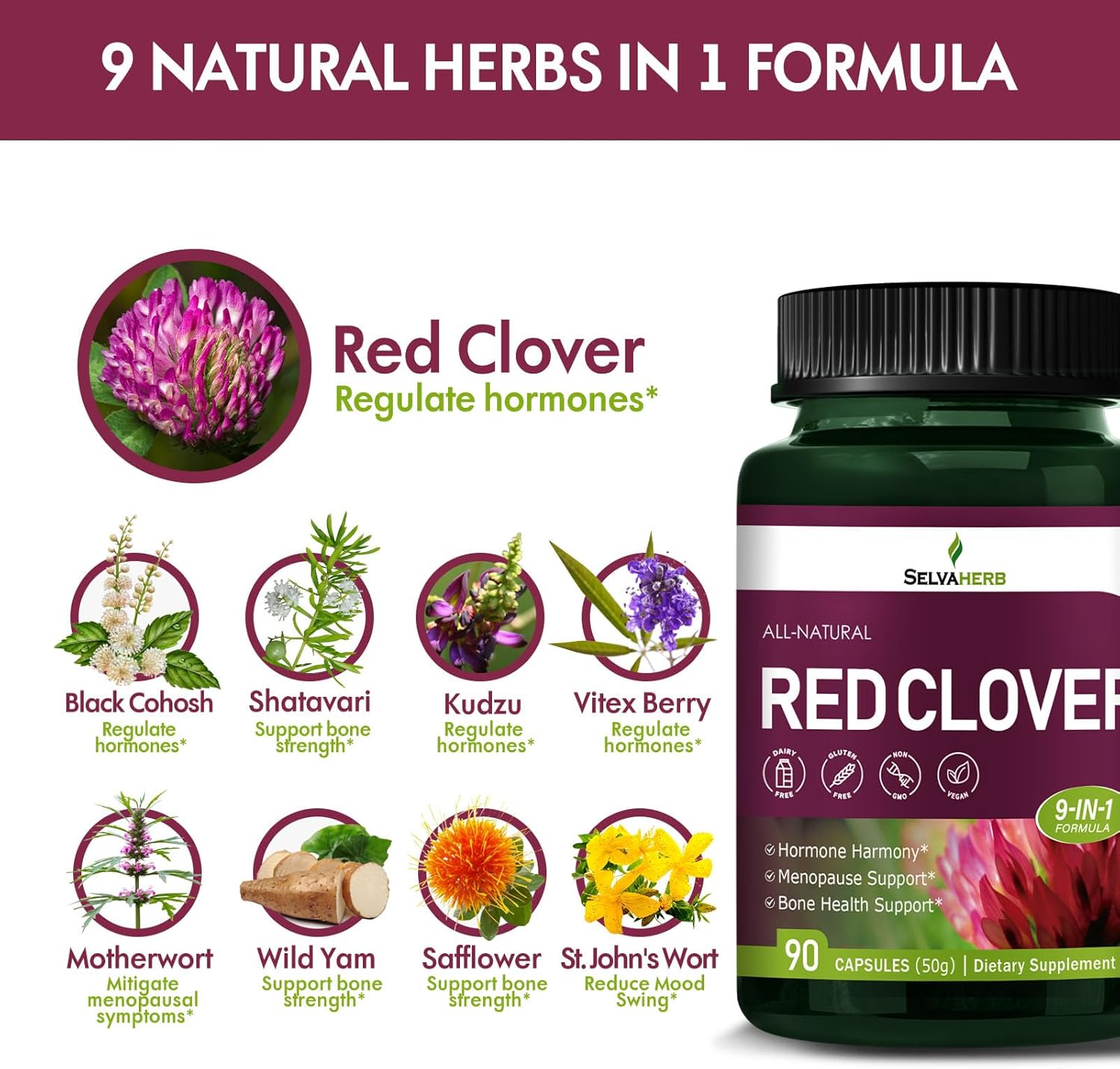 Red Clover Blossoms Capsules for Hormone Harmony & Menopause Relief - Herbal Supplements with Black Cohosh & Wild Yam Extract - 90 Count
