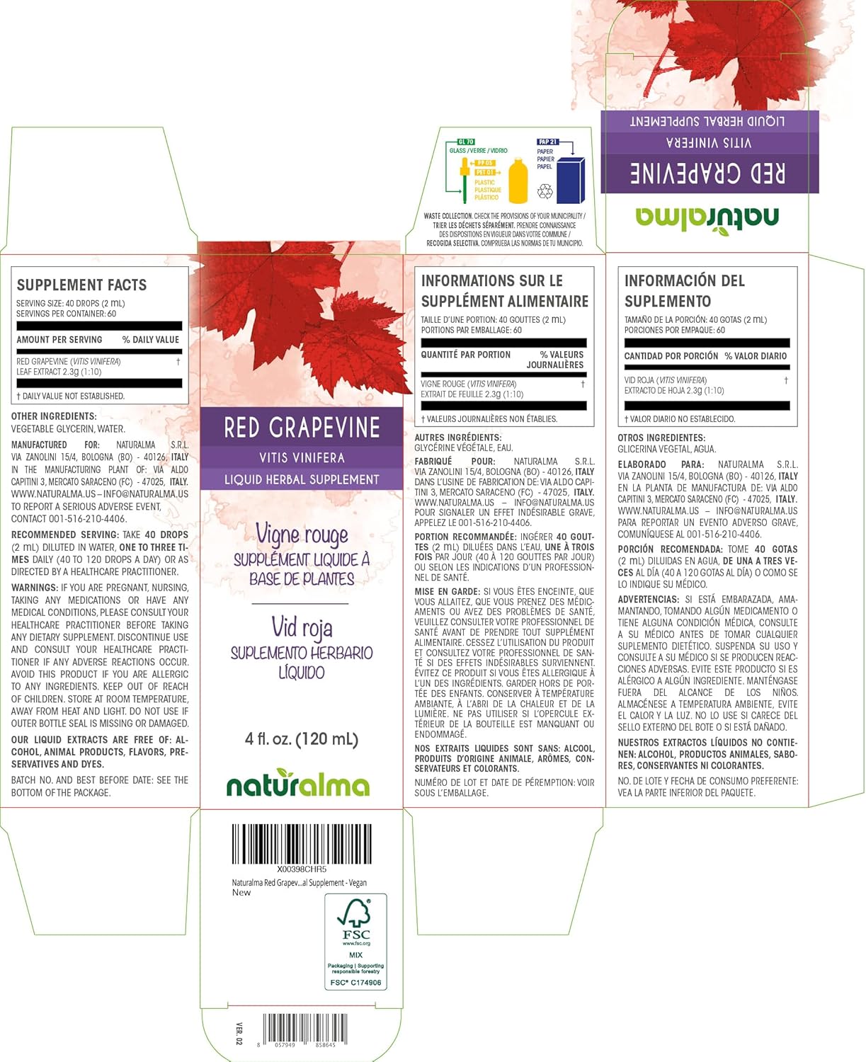 Red Grapevine Leaf Alcohol-Free Tincture - 4 fl oz Liquid Extract Drops - Vegan Herbal Supplement