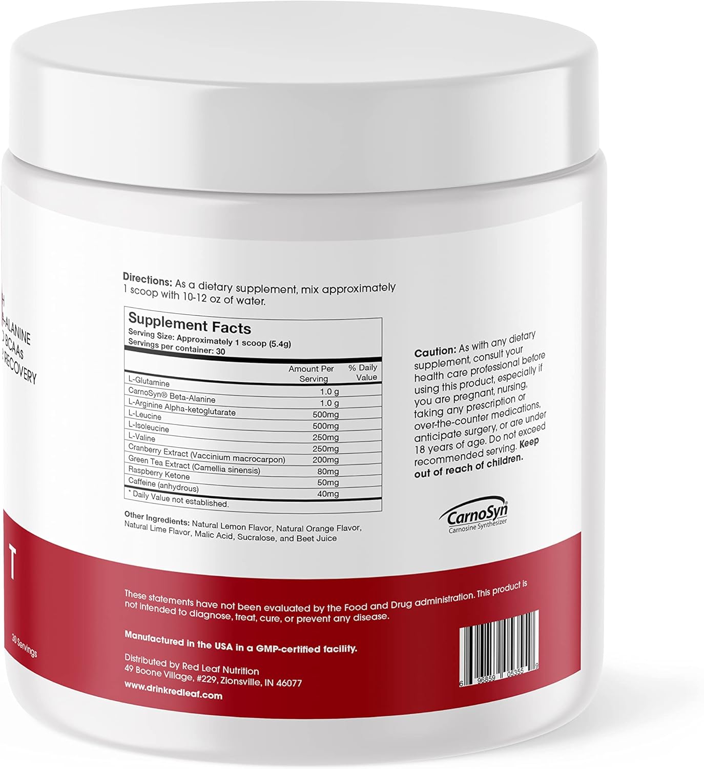 Red Leaf Pre Workout Energizer Powder: BCAA's, Beta-Alanine, Amino Acids, Green Tea - Natural Cranberry Lime Flavor, 30 Servings