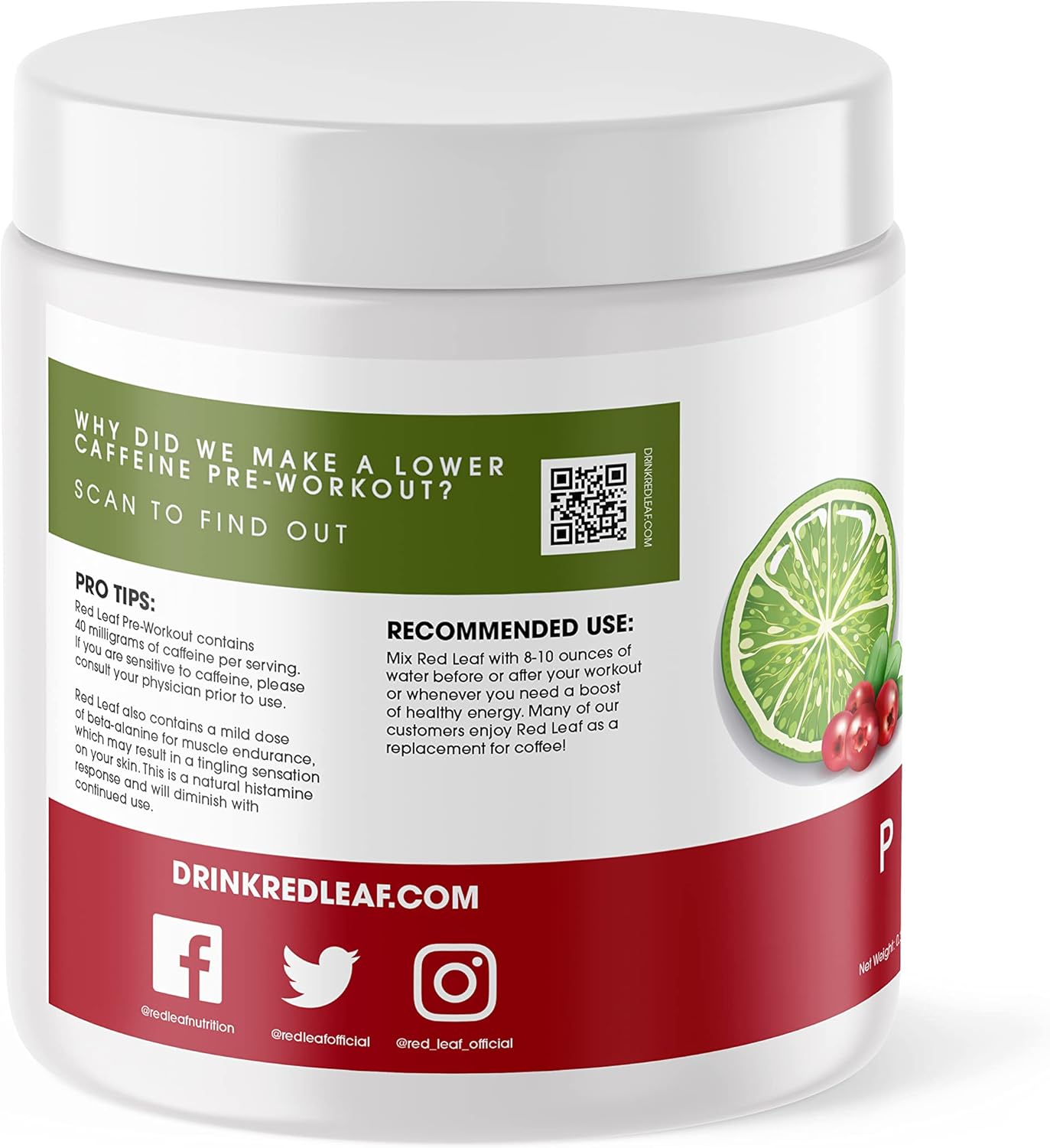 Red Leaf Pre Workout Energizer Powder: BCAA's, Beta-Alanine, Amino Acids, Green Tea - Natural Cranberry Lime Flavor, 30 Servings