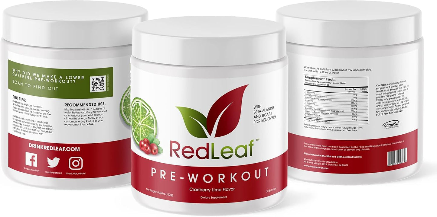 Red Leaf Pre Workout Energizer Powder: BCAA's, Beta-Alanine, Amino Acids, Green Tea - Natural Cranberry Lime Flavor, 30 Servings