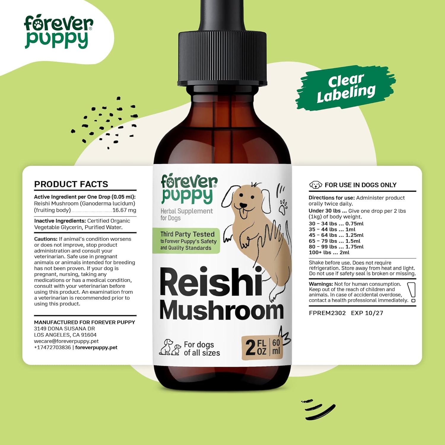 Red Reishi Mushroom Liquid Drops for Dogs - Immune Support Supplement - Dog Food Supplements - All Breeds & Sizes - 2 oz