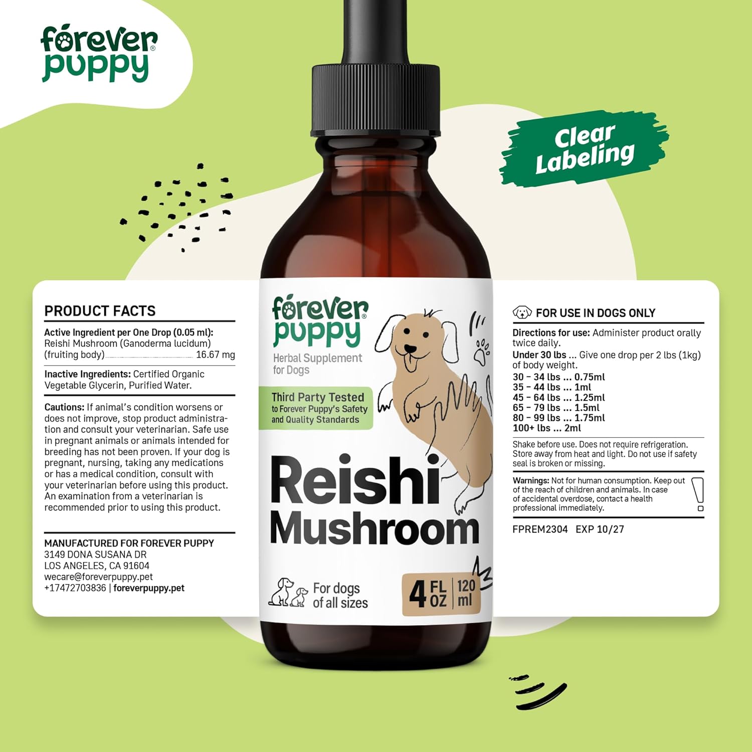 Red Reishi Mushroom Tincture for Dogs - Immune Support Supplement - Liquid Vitamins - All Breeds & Sizes - Sugar & Alcohol-Free