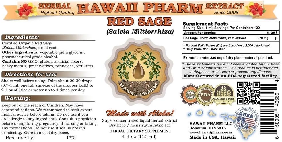 Red Sage Liquid Extract Tincture - 2 fl.oz Herbal Supplement Made in USA by Hawaii Pharm