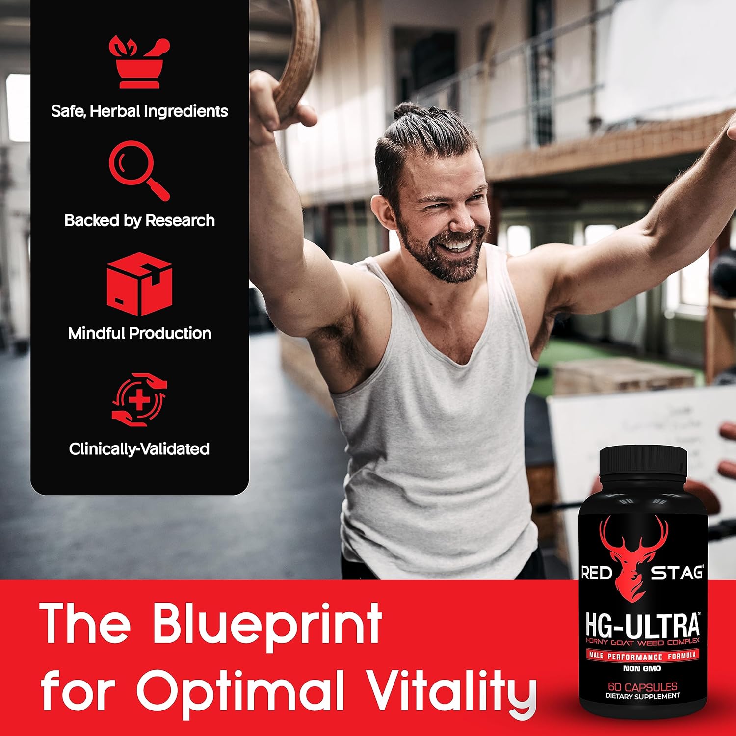 Red Stag Ultra Horny Goat Weed Supplement with Maca, Tribulus, Saw Palmetto, Tongkat Ali - 60 Capsules for Men's Health & Male Enhancement