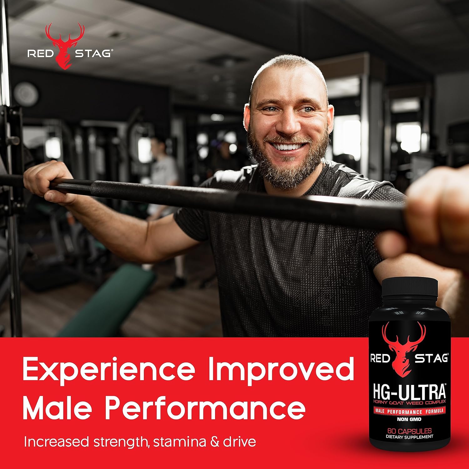 Red Stag Ultra Horny Goat Weed Supplement with Maca, Tribulus, Saw Palmetto, Tongkat Ali - 60 Capsules for Men's Health & Male Enhancement