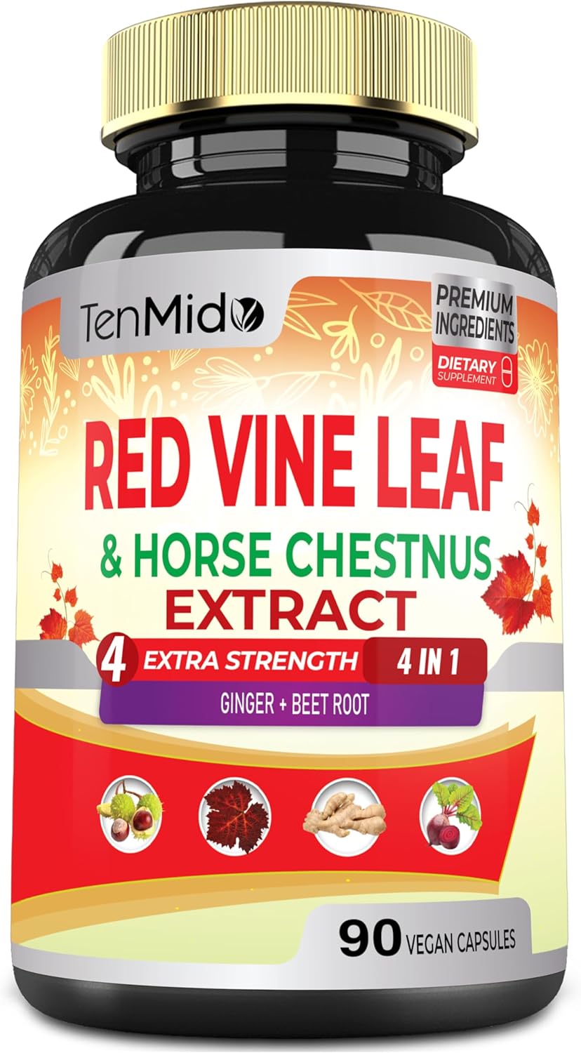 Red Vine Leaf Extract Capsules with Horse Chestnut, Beet Root & Ginger - Herbal Supplement for Heart, Leg Vein & Energy - 90 Vegan Capsules