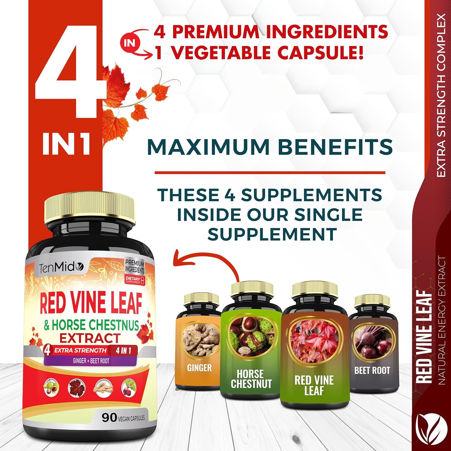 Red Vine Leaf Extract Capsules with Horse Chestnut, Beet Root & Ginger - Herbal Supplement for Heart, Leg Vein & Energy - 90 Vegan Capsules