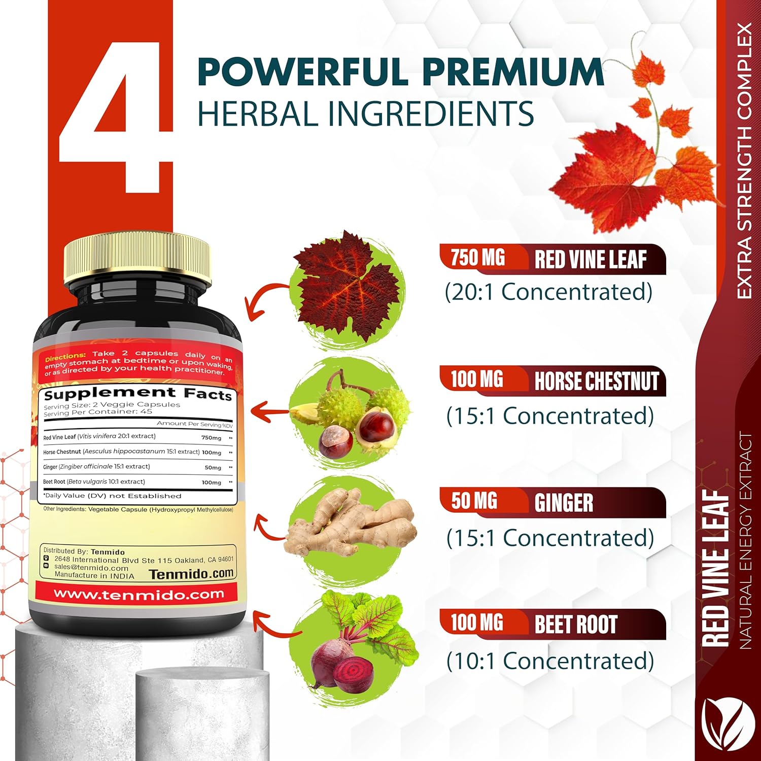 Red Vine Leaf Extract Capsules with Horse Chestnut, Beet Root & Ginger - Herbal Supplement for Heart, Leg Vein & Energy - 90 Vegan Capsules