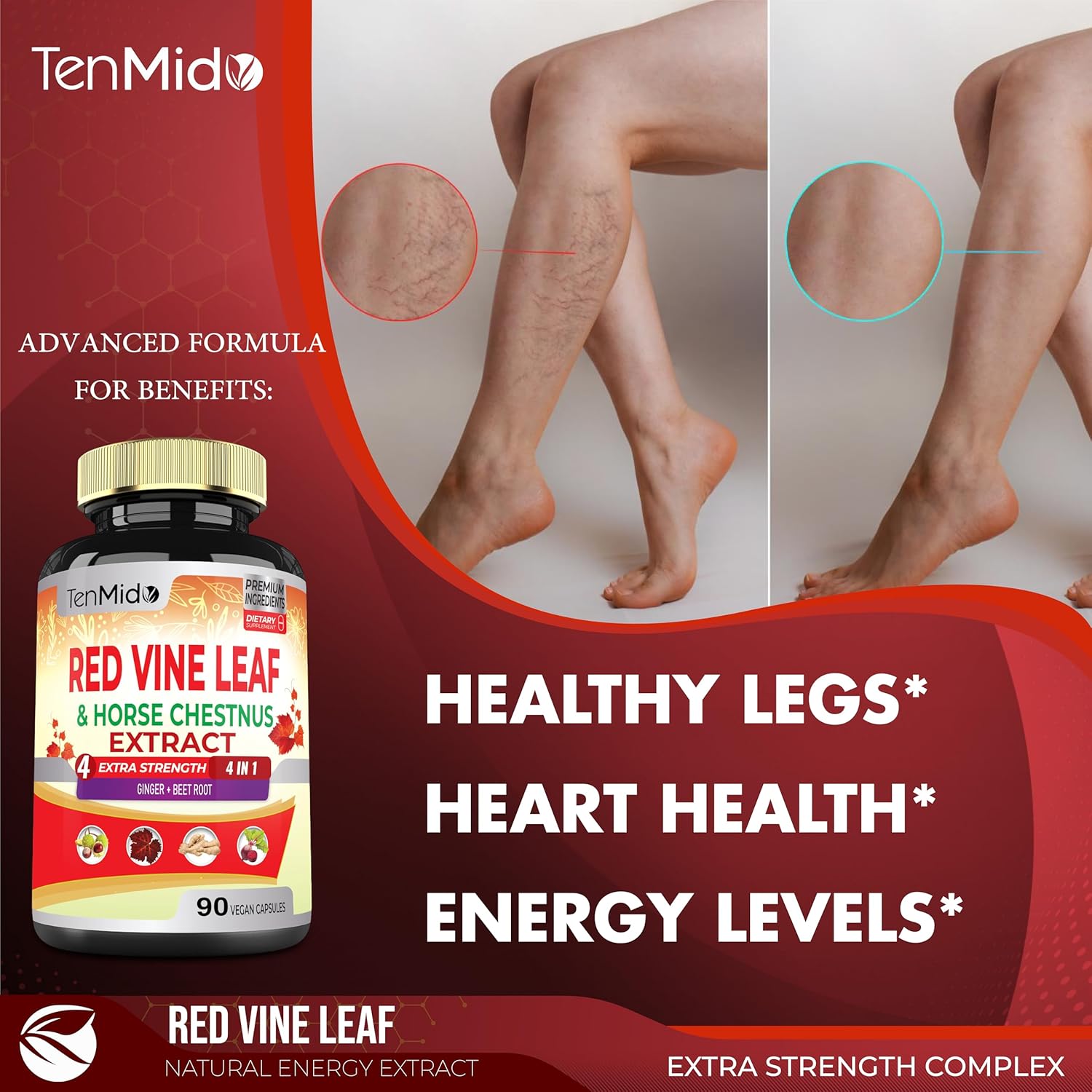 Red Vine Leaf Extract Capsules with Horse Chestnut, Beet Root & Ginger - Herbal Supplement for Heart, Leg Vein & Energy - 90 Vegan Capsules