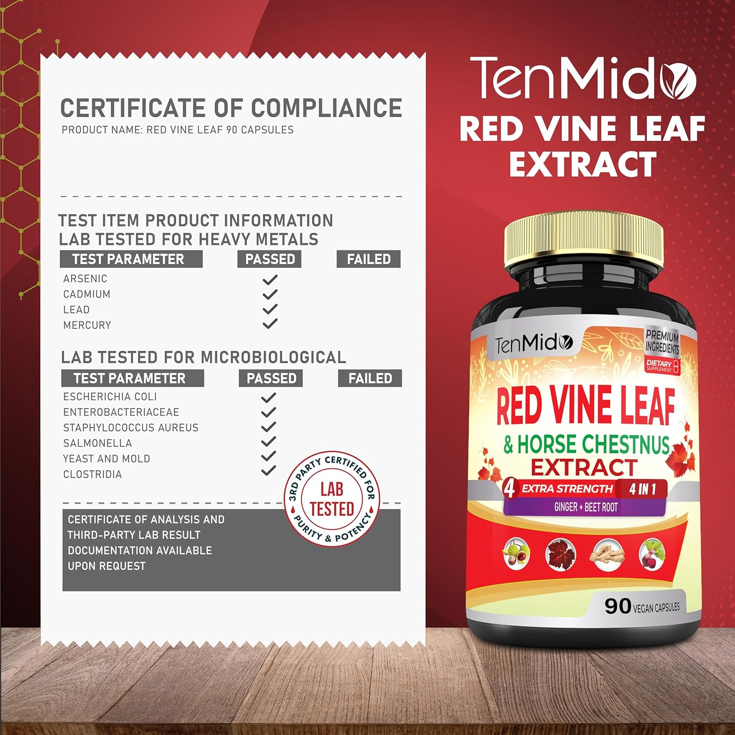 Red Vine Leaf Extract Capsules with Horse Chestnut, Beet Root & Ginger - Herbal Supplement for Heart, Leg Vein & Energy - 90 Vegan Capsules