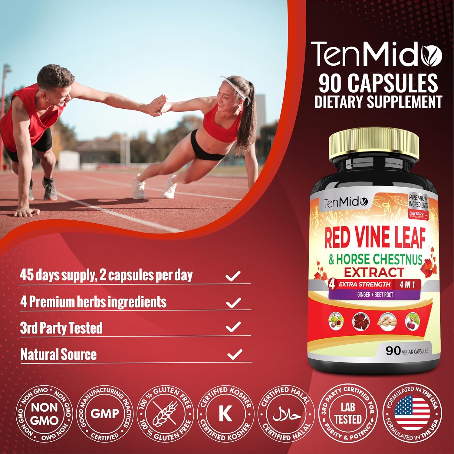 Red Vine Leaf Extract Capsules with Horse Chestnut, Beet Root & Ginger - Herbal Supplement for Heart, Leg Vein & Energy - 90 Vegan Capsules